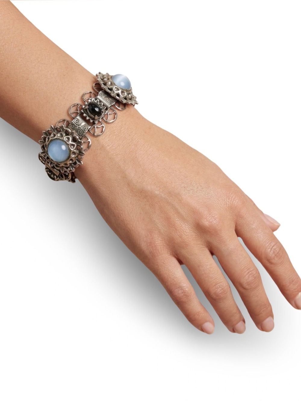Vintage 1950s Mid Century Ornate Blue Cabochon Filigree Panel Link Bracelet